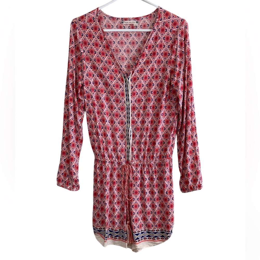 Chelsea & Violet Womens Romper M One Piece Shorts Long Sleeve Tassels V Neck Red